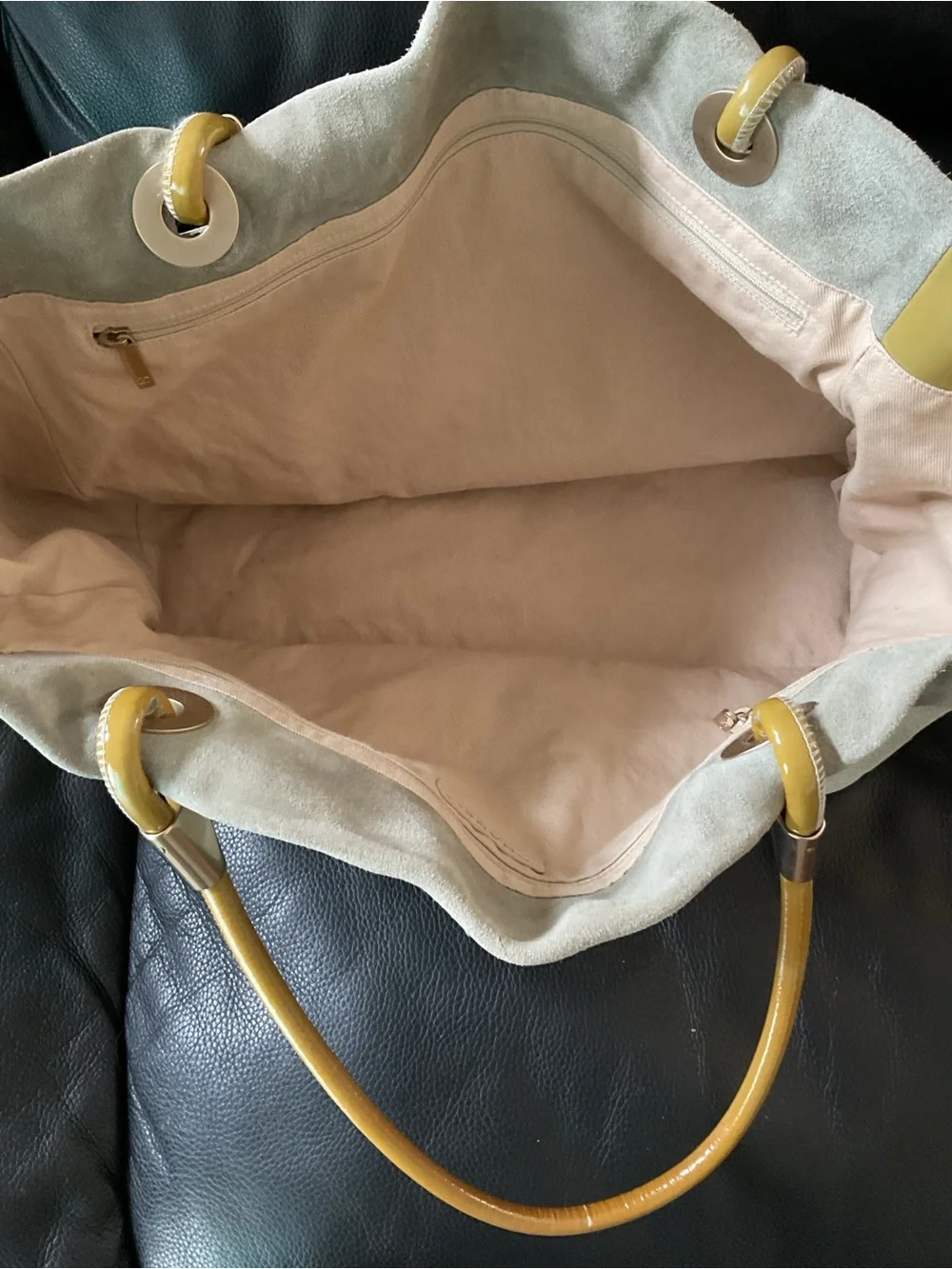 CHANEL Beige Suede Tote with Mustard Patent Trim and Camellia